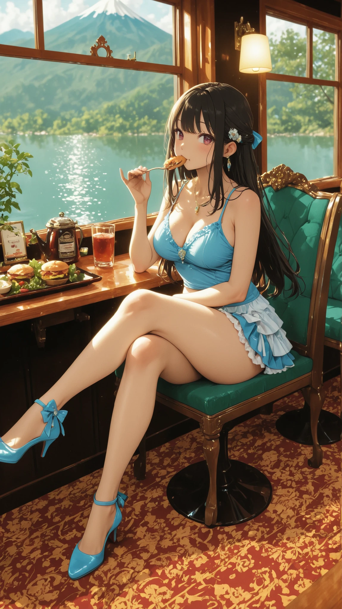 ((The lake can be seen from the restaurant at the Lake View Hotel、Woman eating a fancy lunch:1.mall beautiful breasts camisole mini skirt high heels Mt. Fuji Viking flower window seat sitting