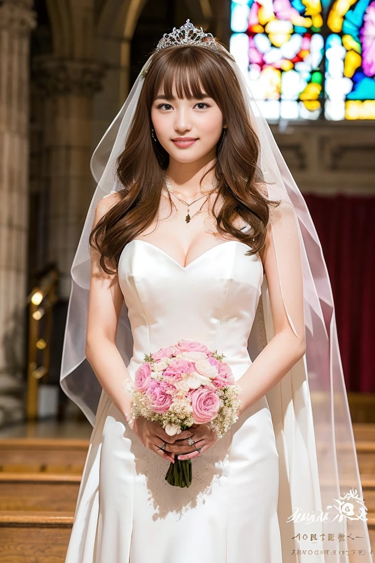 Photo-realistic quality、a woman in a Wedding dress holding a bouquet of flowers、Standing in front of the church、20 year old Japanese model、白のWedding dress,Hanae Mori style wedding dress、Japan idols at 20 years old、lace prom dresses、looking at the camera、Detailed and beautiful eyes、Cute smile、Relaxed and gentle expression、a close up of a woman in a Wedding dress holding a bouquet, Wedding dress, So magical and dreamy、Blur the background a lot、300mm F2.Shot with 8 lenses