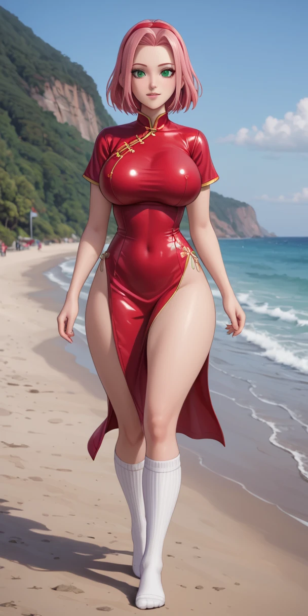 Chubby , thick, Curve, Realistic, Photorealistic,cowboy shot,masterpiece, absurdres, (colorful), 1girl, haruno sakura, forehead mark, red hairband, detailed chinesse mini dress, navel, groin, bracelet, looking at viewer, flushed face, smile, cherry blossoms, private garden, wind, floating hair, large breast, (((wide hips))), toned body, detailed eyes, dynamic pose, full body