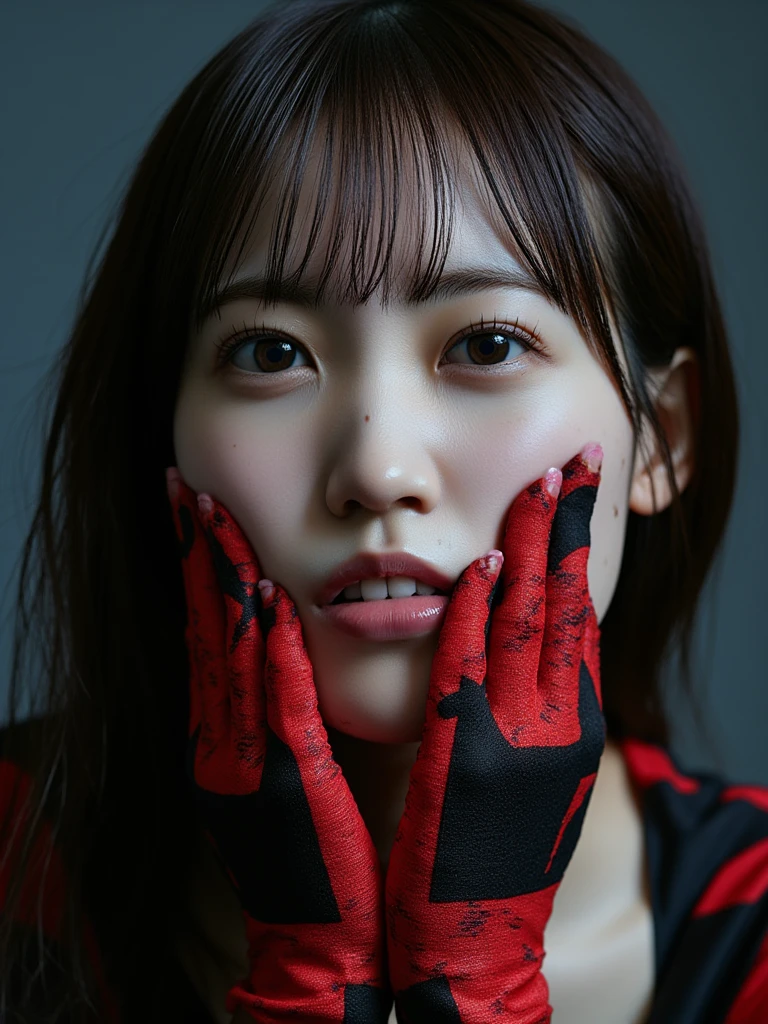 (Genuine))))photograph, ((whole body:1.1)), Highest quality, 1 female, Ultra detailed face, Detailed lips, Fine grain, double eyelid, Beautiful Face, Beautiful Eyes, (Red bodysuit, Red latex), (Shiny), Orange Hair, Twin tails, Narrow waist, Highest quality, Pale skin, Sue Liu Asuka Langle, Plug Suit 02, Black background, (Face and eye details:1.1) , Self-righteous, blush, ((shy)), Very delicate and beautiful girl, Dynamic pose, (to8contrastスタイル)