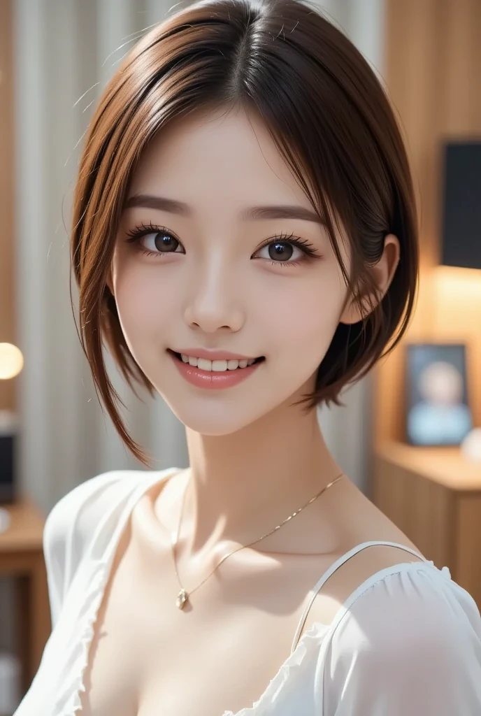 Masterpiece、Best Quality、Illustration、 Super detailed、Fine details、 High resolution、8K Denden Wallpaper、Perfect dynamic composition、Small breasts、31 year old beautiful mature woman、clear、Detailed face、Detailed eyes、Textured skin、A seductive smile、Very Short Hair、Bold sexy pose、Summer Sweater、