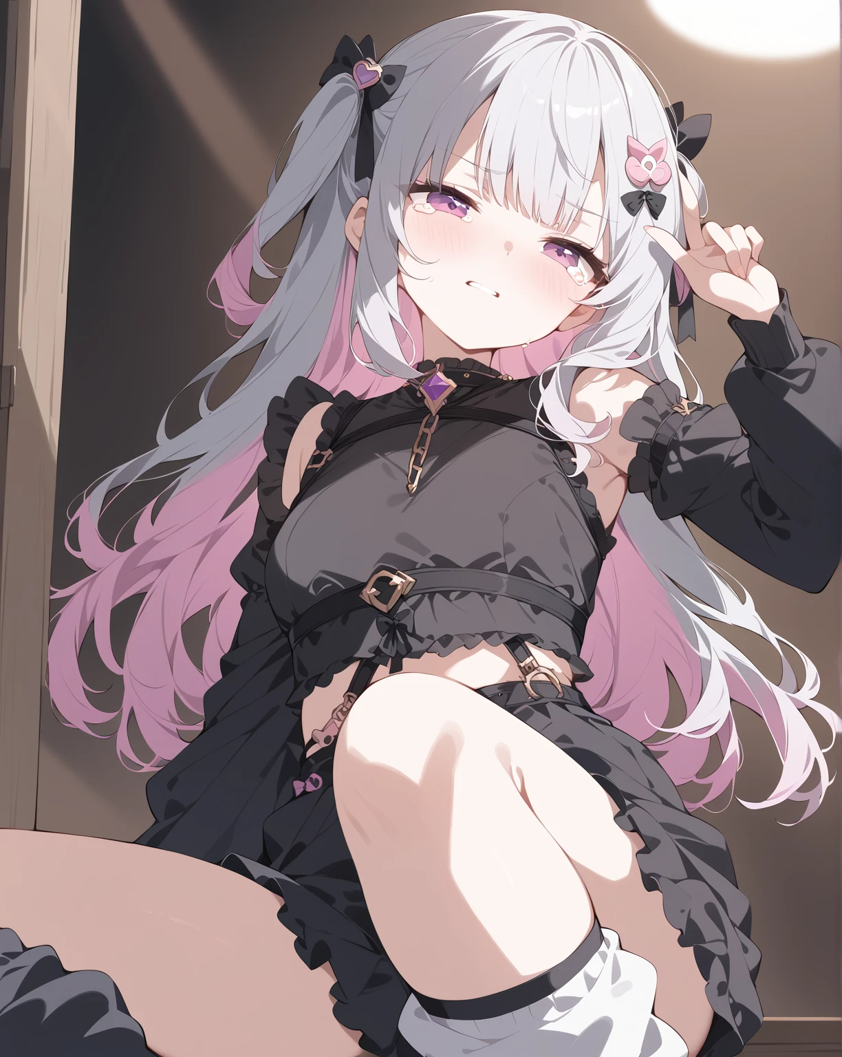 best quality, ultra detailed, absurdres, HDR, 1 loli、♡、surprised smile、In town、slender body、Pose with sitting、petite