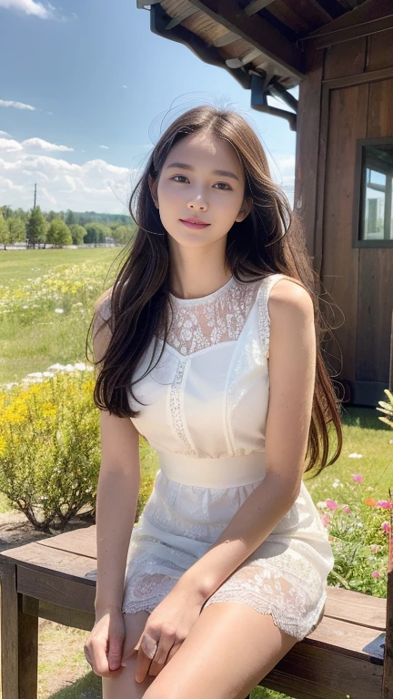 A sweet girl by the moutain,voluminous hair,Delicate face,Photorealsitic,of a real,largeaperture,wears a white dress,A cropped dress,Off-the-shoulder,A dress around the neck,Slim,smiles,Ultra-high resolution, Blurred background