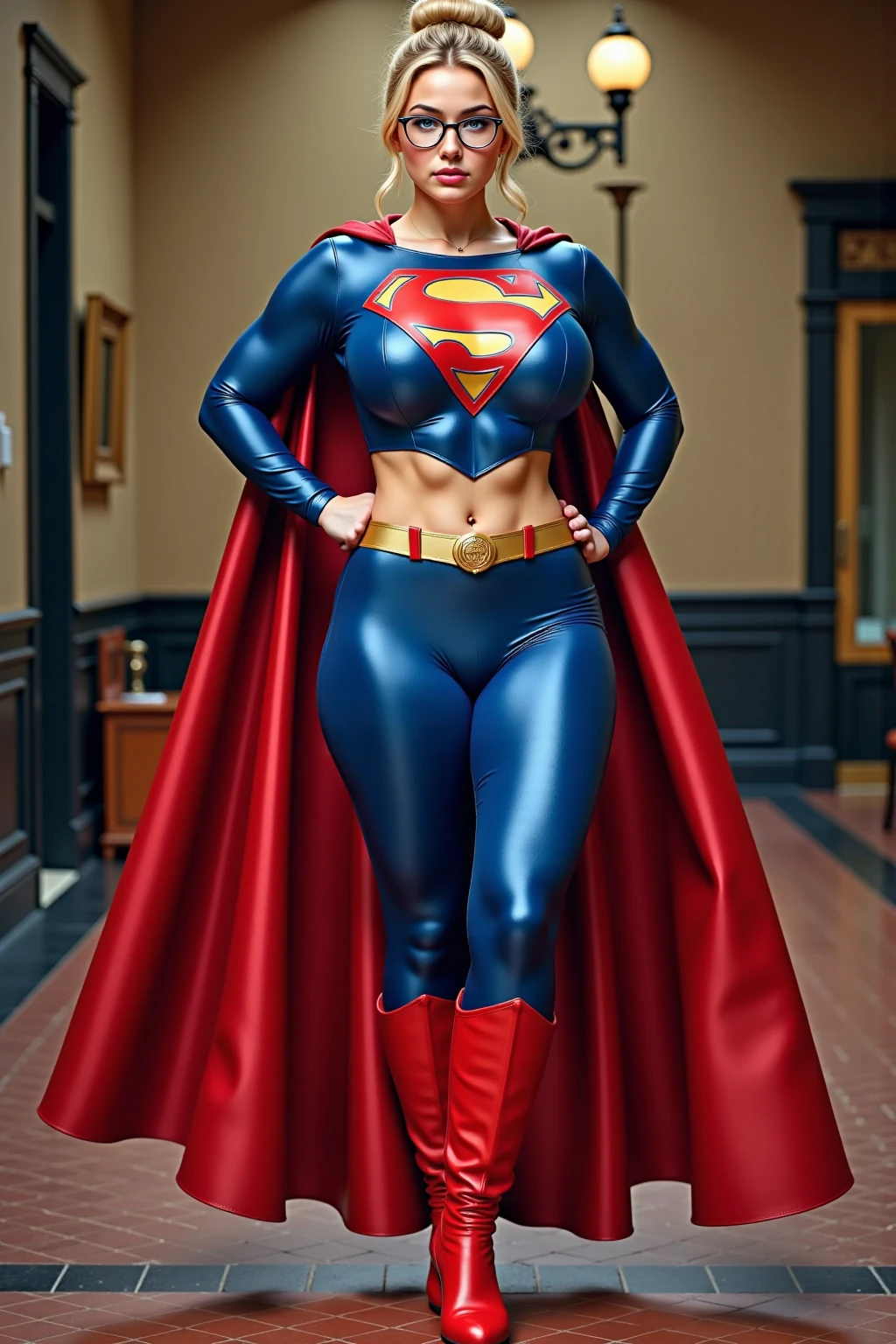 photo portrait of the beautiful Supergirl wearing islamic uniform with hijab, colorful, realistic round eyes,blue eyes, normal chest size, whide dress with shirt, full chest covering, full legs covering with trousers, with shirt, dreamy magical atmosphere, superheroes islamic costume with hijab, islamic style superhero uniform support with hijab, beautiful face, long skirt,high neck shirt, (large breasts:1.3),long skirt with long trousers , full shirt with high neck, trousers