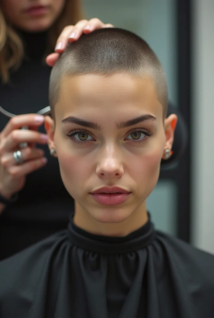 Female, shaved bald head, in barbershop, cutted long hair covered her body
