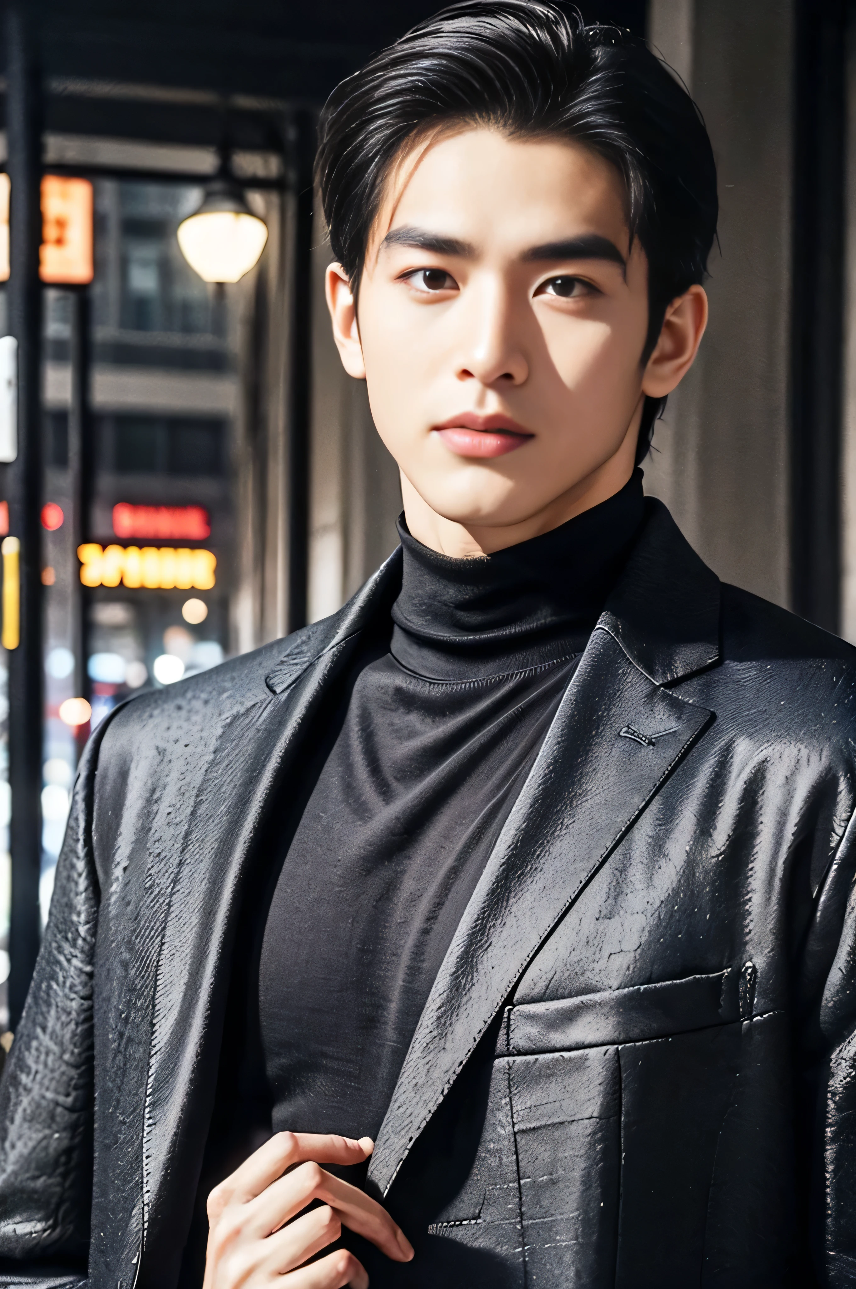 A 25-year-old Asian man, Thick eyebrows, Melon seed face, Handsome face, Men's full body, The background city night street view, Time is night, Deep blue sky, A full moon, his skin is fair, He is slender, the limbs have pronounced muscle lines, high-definition photography, Real-world scenarios, Lots of detail, wearing black long coat, black long pants, black turtleneck shirt, ((Medium Wide Shot)), ((short black hair))