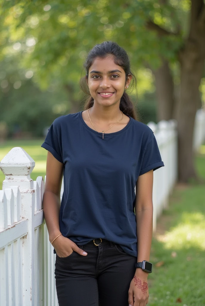 Genarate beautiful young female india 21 age 8k not chubby medium blue t-shirts black pant front view