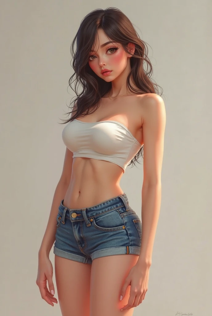 Sexy Arad woman in jeans shorts and bra top standing, realistic shadow perfect figure, neatly dressed. Sexy drawing, full breasts, revealing clothes, revealing clothing, digital color, realistic proportions SFW, wearing casual clothing, casual poses, beautiful and seductive anime women, urban girl fanart, (wearing jeans))