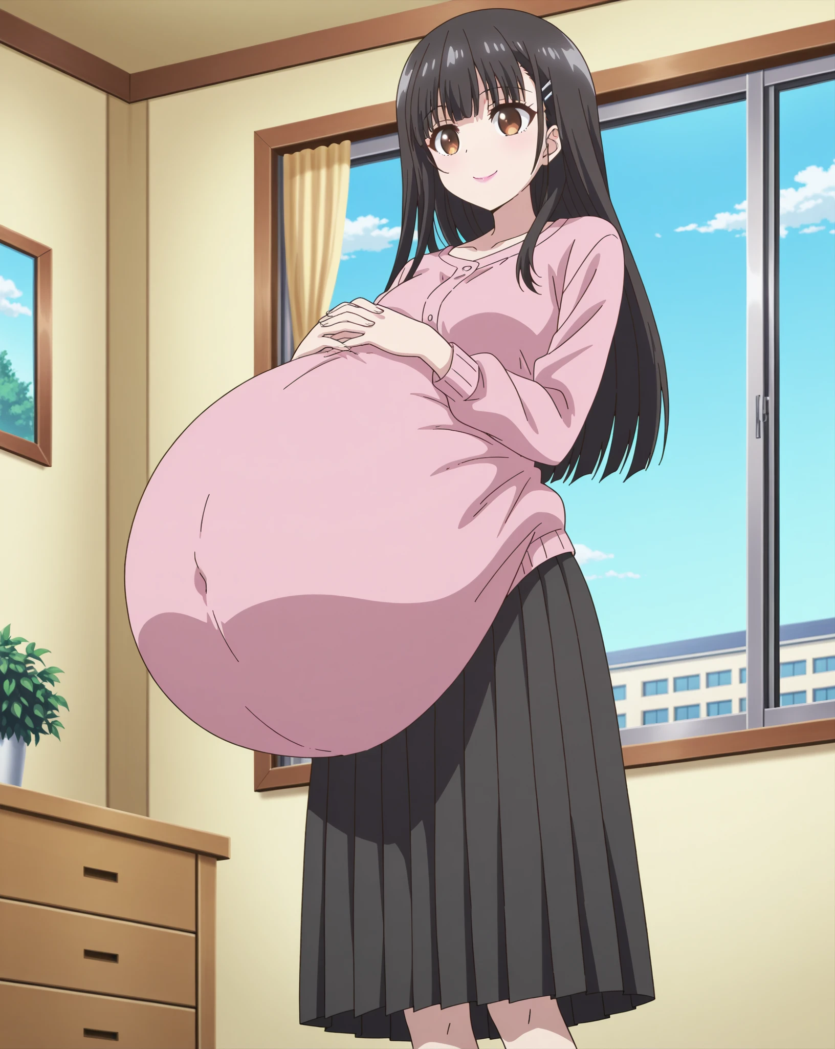 Hair Bow, black hair,Big Baby Bump pregnant, Purple school uniform, Big boobs, nipple, cum, Big Black Balloons,16 years girl, Big pregnant Belly, Big Pregnant girl, Largest Belly of Pregnant, Huge Pregnancy, background hotel room,Huge 9 months Pregnancy Belly, purple eyes