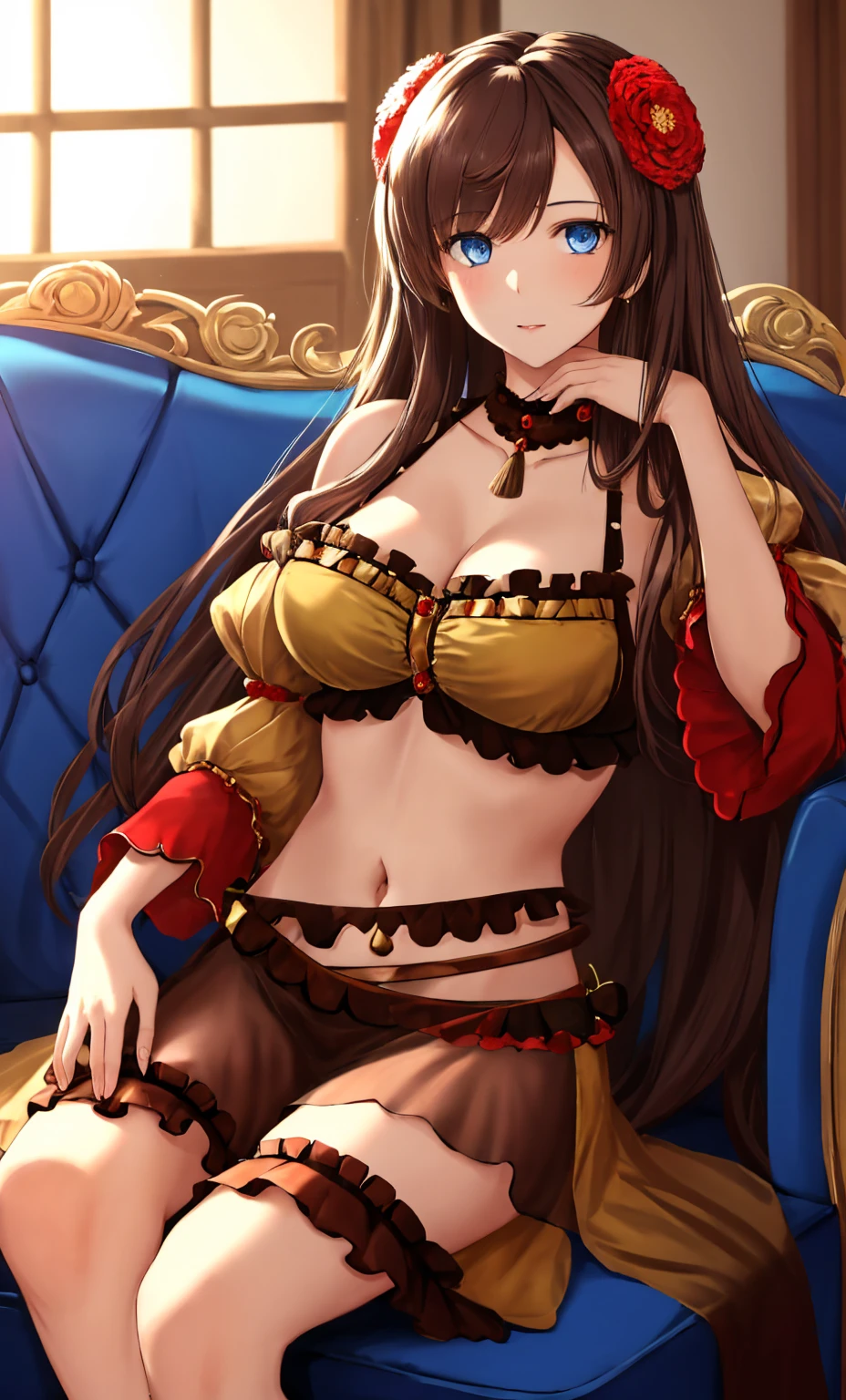 1 beautiful girl of 20 years old, anime girl, climbing into bed, in the room, (inside the room),  home interior, brown hair, bangs, hair over shoulder, long hair, messy hair, wavy hair, hair one side up, bangs pinned back, hair scarf, hair ornament, hairclip, heart hair ornament, raised eyebrows, aqua eyes, wide eyes, heart earrings, blush, bright pupils, puckered lips, confused, pensive, a finger on her lips, glossy lips, Exact finger count, Exact number of legs, (Exact number of arms:1.0, Exact number of hands:1.0), (Perfect hands, Perfect Anatomy), Cinematic, Extremely detailed CG, whole body, Perfect body, バランのとれたPerfect body, Perfectly balanced style, (Slender body:1.2), (Sexy and cute yellow underwear:1.3), (Stylish shiny yellow satin panties, Side-tie panties, The panties are plain yellow in the center with lace decoration on the sides.:1.3), (Thin panties with ribbon:1.3), (yellow micro lace satin bra, yellow bra with lace trim, Thin bra with ribbon:1.3), (lace garter belt, Garter Strings:1.3), (Beautiful big, Cleavage:1.1), thin waist, open legs, wallpaper, detailed eyes, extra detailed face, Highly detailed CG, she leans forward, angle from the front, from below, from side, looking at viewer, pov, illustration, high detail, anime, Art Deco, glowing light, dithering, image fill, framed, perspective, Wide-Angle, f/1.8, 85mm, 135mm, Sony FE, 8k, super detail, UHD, retina, masterpiece, accurate, anatomically correct, high quality, best quality, highres