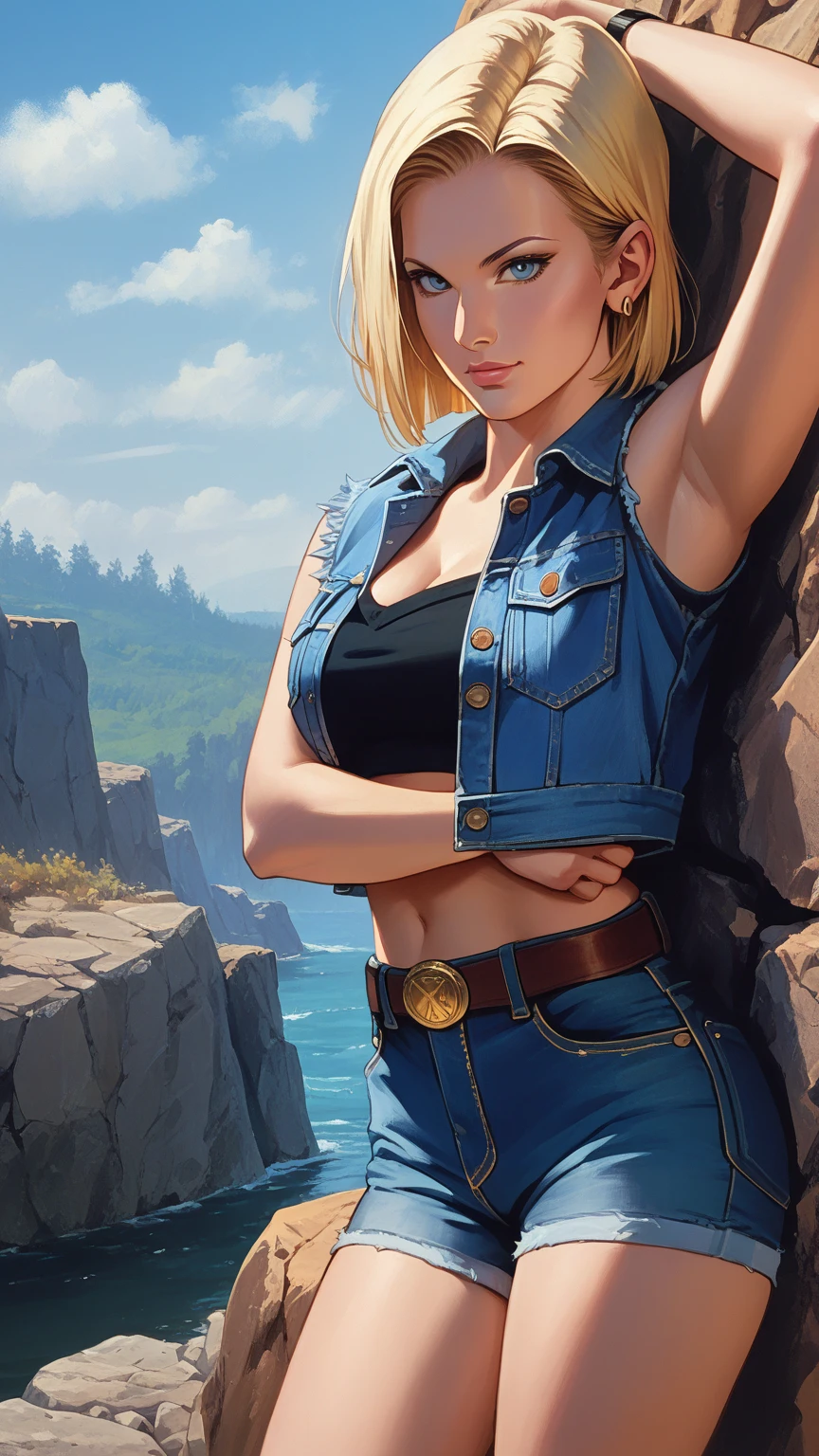 (masterpiece, best quality:1.4), (8K),, detailed blue eyes, long eyelashes, blush, kind smile, upper body, covered large breasts, (pink t-shirt), denim short shorts, (from side), (looking at viewer), beautiful blonde hair, white-skinned, long hair, parted bangs, (huge breasts), (valley, beautiful and magnificent skyline, majestic sky), colorful natural light