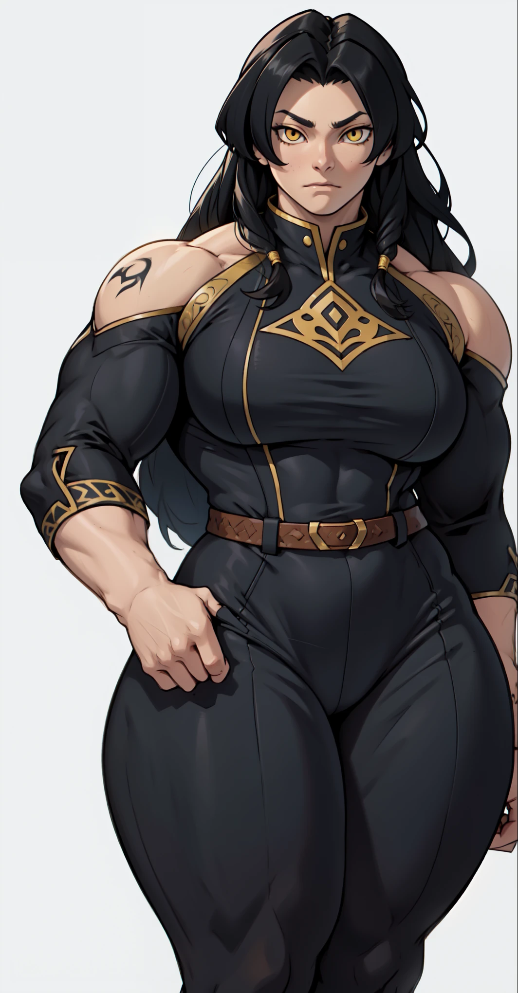 (Very angry girl with dark grey skin and tribal tatto), ((1girl)) dark purple hair, crazy messy curly long hair, (white eyeusculars), (thick thighs), solo, very angry, ((dark grey skin)), (10 pack abs), long leg muscular thighs, (strong jawline), ((((big huge saggy long tittieig muscular wide broad shoulders), wide hips huge, wide waste, (( very big muscular veiny arm)), big trapeziusfur coat, black crop top turtle neck sweater with no arm sleeves, fur cloak, ( military cap), (tribal loincloth dress), Golden barbarian belt, (holding weapon in the right), tribal garb clothing, thicc milf, muscular,