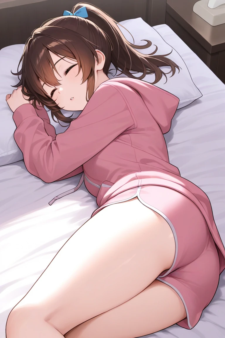 Ochaco Uraraka,white bra, wearing pink pajamas shorts, nice environment, super detailed, high quality ,laying in bed on her side,looking at viewer 