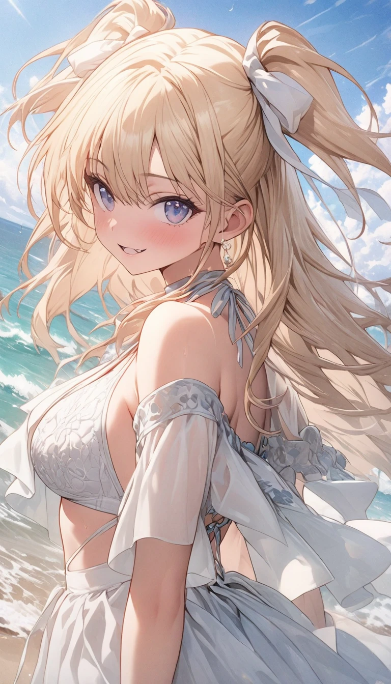 masterpiece, rich colors, Best quality, detailed, high resolution, Hyper quality, high detail, , high quality, detailing, skinny sexy girl on the beach , bright lighting , Brown eyes, Anime, palm trees, bright lighting, blonde,