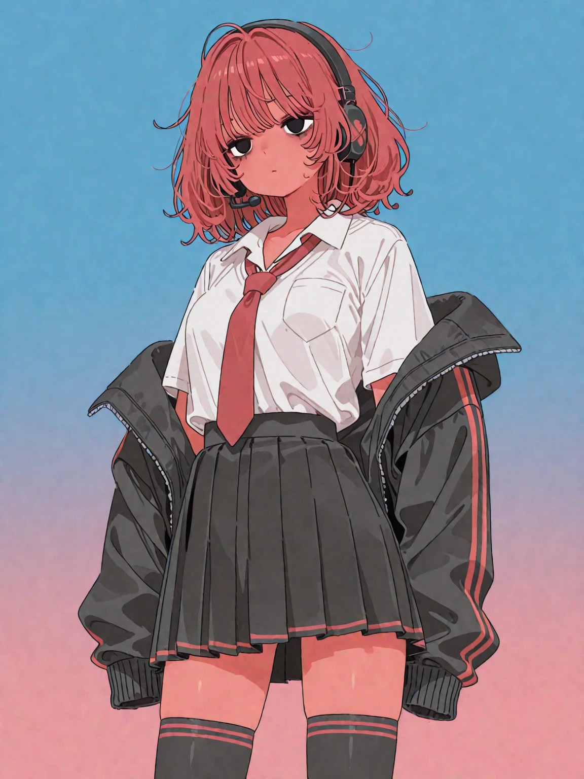 cute sexy girl with short red hair, freckles, pink short sleeve sweater over white short sleeve shirt, white skirt, black short leggings, high top sneakers and white socks, black tie