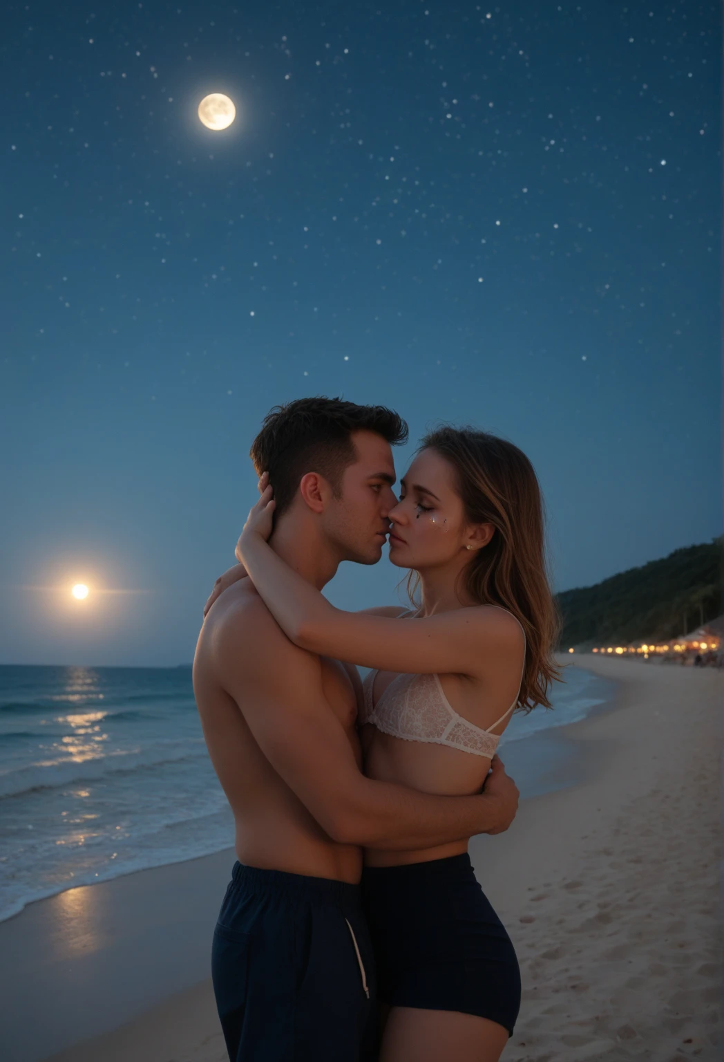 Night of passion under the stars • Prompt: Preity and her partner lie naked on a soft blanket under the clear night sky, the stars sparkle above them. Preity gently caresses her partner’s skin, while they snuggle up close and enjoy the cool night air. The soft light of the moon and stars enhances the magic and deep emotional connection of the moment.
• Details: ISO 1600, f/1.8, 1/60s, 35mm focal length, Weak, Natural light, which emphasizes the stars and the intimate atmosphere.