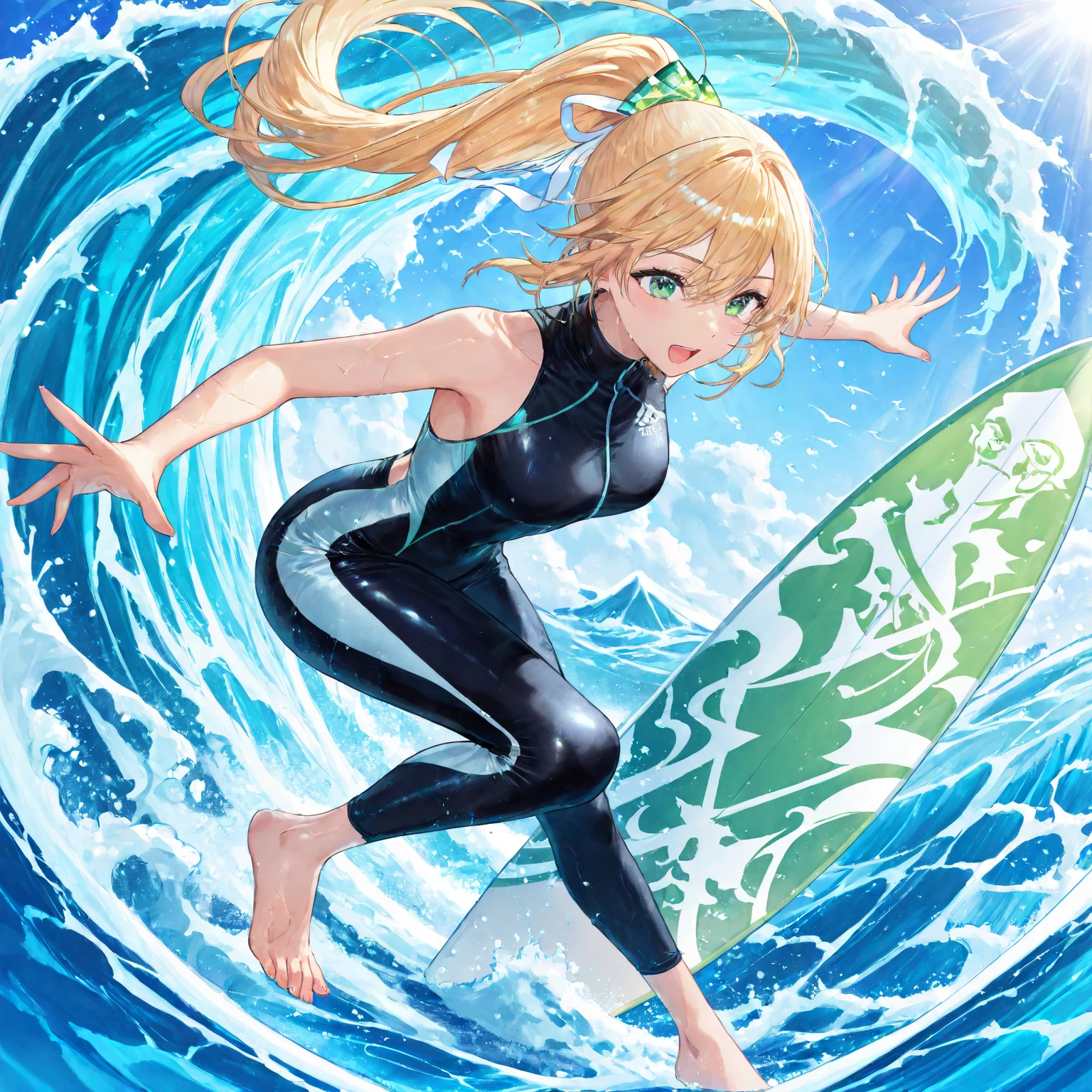 masterpiece, high resolution, anime style, beautiful adult woman at beach, surfer girl, wetsuit. blonde, long hair, ponytail, short sleeves, on sand, tanned, toned body, cleavage, smiling, excited, long legs, tall, bikini top