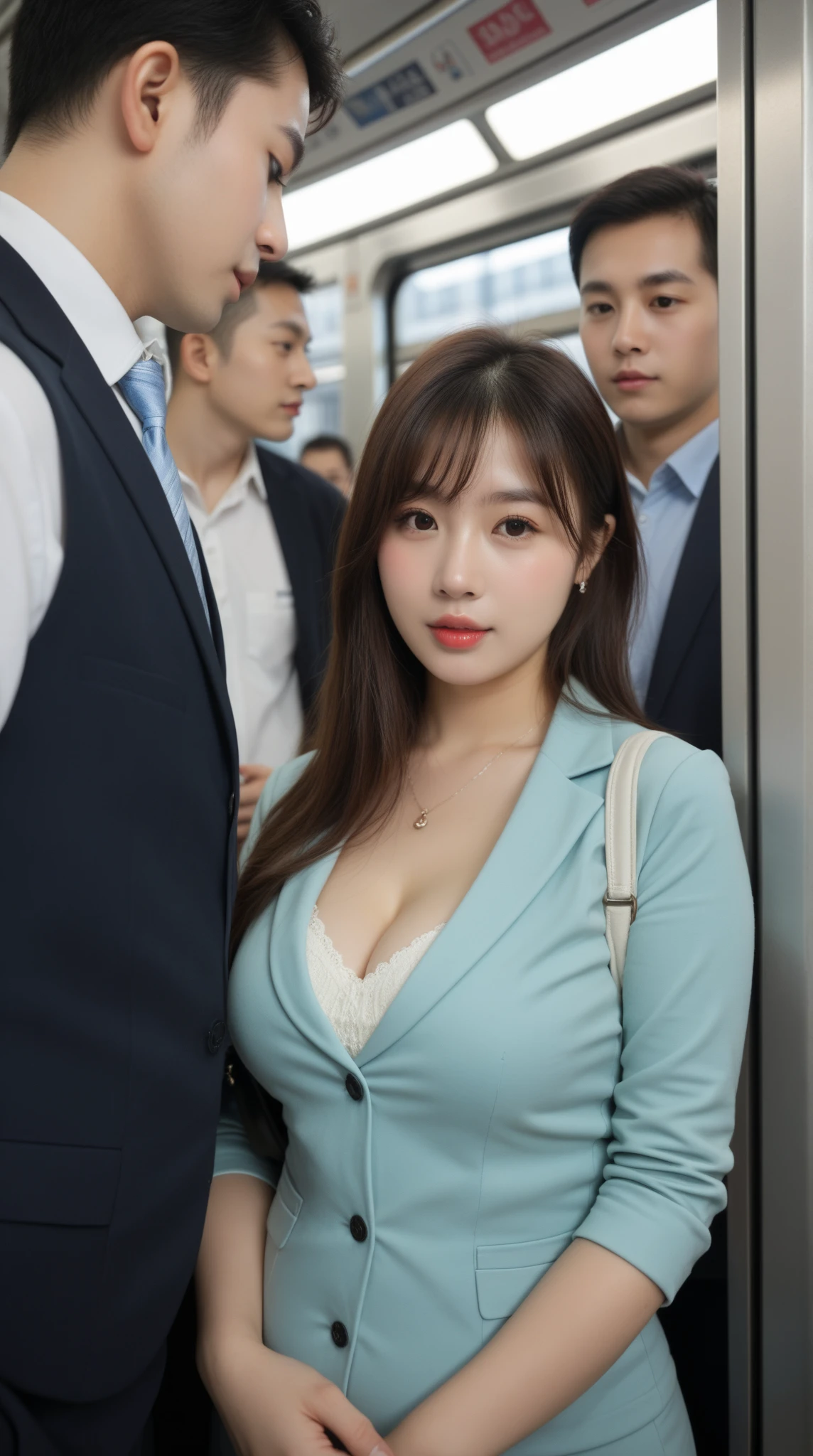 suit, 2Women, Realistic, (超high quality:1.2), high quality, masterpiece, (Super detailed:1.4), Beautiful Face, (Really good:1.1), (skirt-suit:1.1), ((Storefront, retail store, General store)), (Large Breasts:1.4), High resolution, Brown Hair, Straight Long Hair, bangs, Very long eyelashes、Very thick eyelashes, Blue Eyes, Red lipstick, Black choker, Slim face, Slim body, blue sky, Dependents, servant, Light Blue Blouse