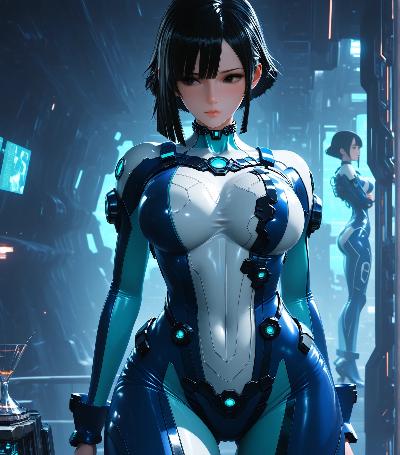 masterpiece, best quality, 1girl named nagisa, in a more dynamic, graceful pose, Dark_Futuristic_Circuit_Boards background, half-body, from below, <lora:doaxvv_nagisa_v2-000012:0.8> <lora:Dark_Futuristic_Circuit_Boards:0.5>
