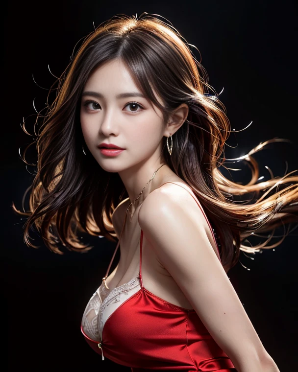 (highest quality、8K、best image quality、Award-winning work)、(one young girl, 14 years old:1.3)、(red eyeshadow:1.2)、perfect makeup、long eyelashes、Super high-definition sparkling eyes、ultra high definition hair、ultra high resolution glossy lips、Super high resolution perfect teeth、Super high resolution cute face、brown hair、(very long straight hair:1.1)、look at me and smile、[clavicle]、accurate anatomy、(black background:1.5)、(((professional lighting:1.5)))、Super high-resolution glossy and moisturized face、Super high resolution glowing skin、most detailed face、Ultra high resolution detailed faces、ultra high resolution hair、Super high resolution sparkling eyes、Beautiful face drawn in every detail、Super high resolution glossy red lips、(((1. I have a red rose.5)))、(((full nude 1.5)))、(((Chest photo 1.4)))、hair blowing in the wind、elegant dress、Stylish necklace 1,1