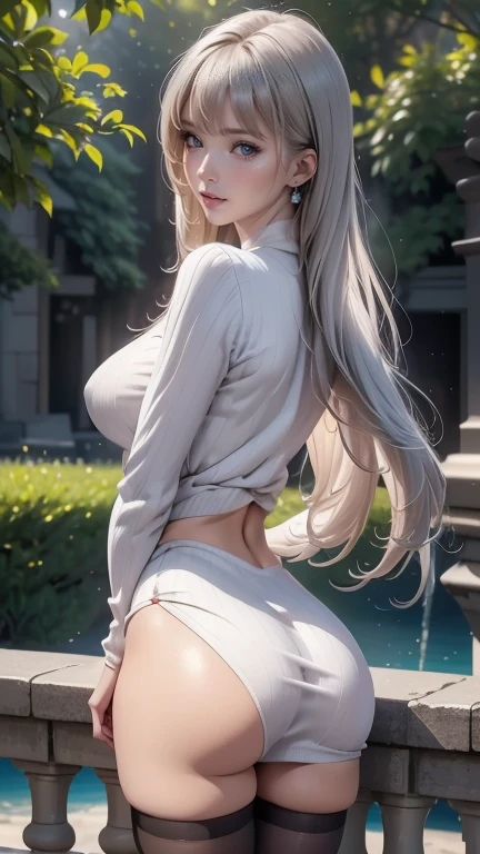 (1girl:1.3), (photorealistic:1.4), (masterpiece, top quality, best quality, official art), extreme detailed, highest detailed, (ultra-detailed), ((an extremely delicate and beautiful)), cinematic light, contemporary, 1girl, solo, long hair, transparent pantyhose, bangs, high heels, white pantyhose, looking at viewer, bare shoulders, transparent thighband pantyhose, black footwear, dress, ass, floating, very long hair, breasts, full body, panties under pantyhose, thighs, pointy ears, sitting, hair ornament, (((butt crack)))