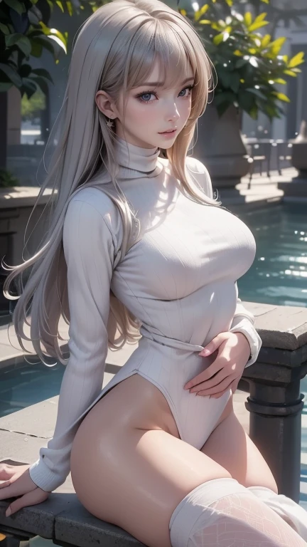 (hyperrealistic), (illustration), (high resolution), (8K), (extremely detailed), (best illustration), (beautiful detailed eyes), (best quality), (ultra-detailed), (masterpiece), (wallpaper), (detailed face), solo 1 girl, white wavy hair, korean, heterochromic eyes, small moles under the eyes, loose white shirt, yoga pants, big breasts, long legs, tight abs, camel toes, dynamic pose