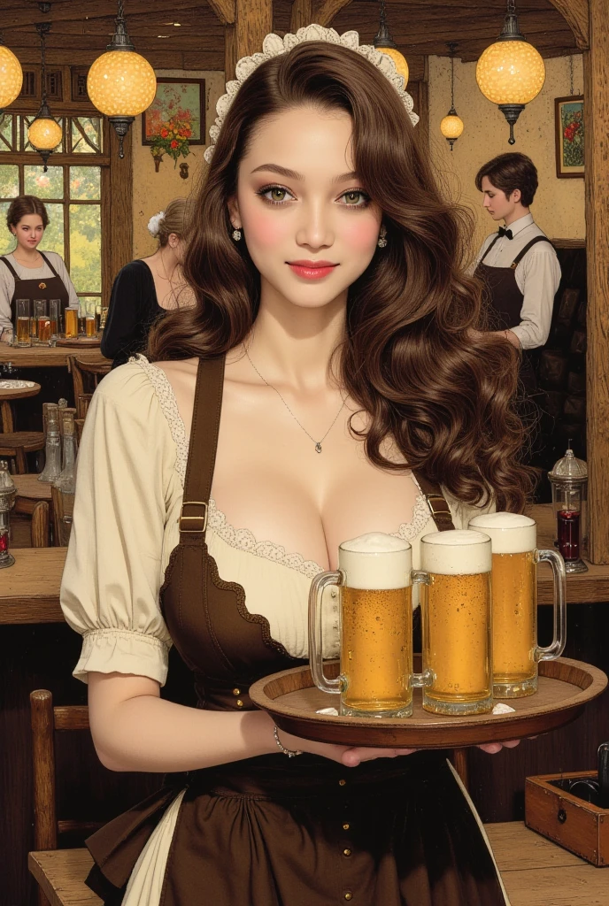 Studio photo of a waitress girl holding a tray of beer glasses, white kokoshnik and apron, large breasts, deep cleavage, seductive smile, bar with wooden beer kegs in the background, pin-up, epic realistic, faded, neutral colors, (hdr:1.4), (muted colors:1.4), (intricate), (artstation:1.2), dramatic, intricate details, (technicolor:0.9), detailed, [[rutkowski]], intricate, cinematic, detailed 13. + details