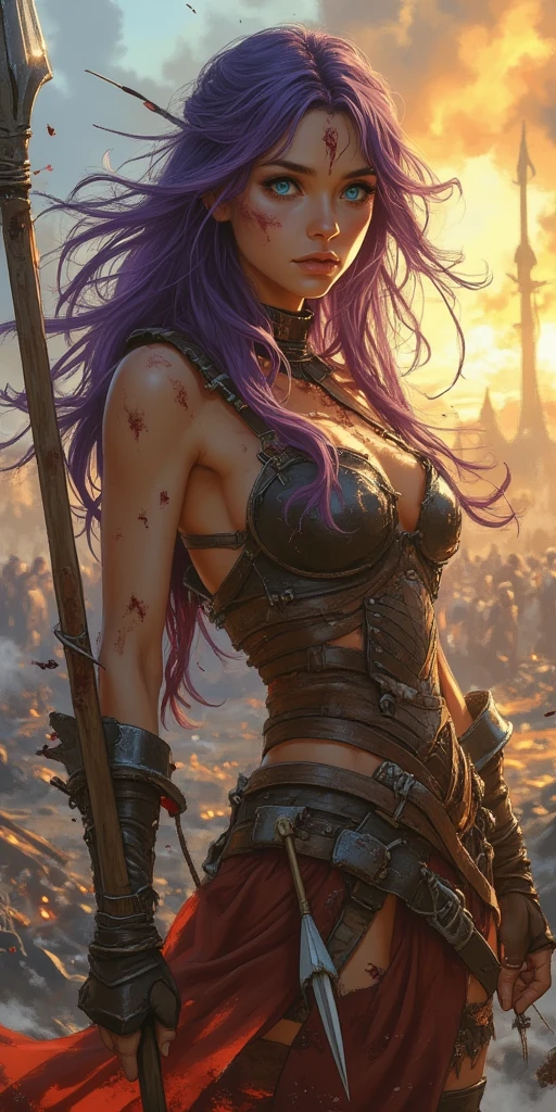 A highly detailed and photorealistic 3D image of a fierce female warrior standing on a pile of corpses and skulls under a purple sky. She has her hair tied up and war paint on her face. She is wearing a leather top that leaves her stomach exposed, leather and fur shorts, and fur boots. She holds a large sword in her hand and is in a combat pose, looking ferociously at the viewer.