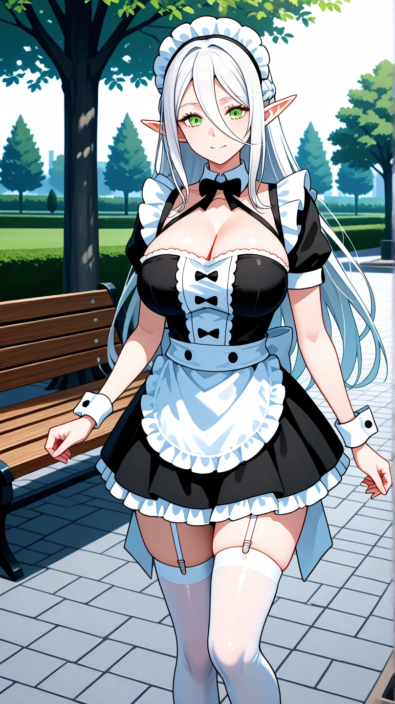 20 year old woman, big breasts, busty, bubble butt, hourglass figure, skinny, blushing, embarassed, shocked expression, horny, seductive, long hair, platinum hair, twintail hair, wearing french maid dress, maid dress, white stockings, black high heels, tight fitting clothing, anime flat colors, daytime, in garden, flowers, punk, punk style, punk hair, ((open mouth)), ((drooling)), ((wet)), bare shoulders, elbow gloves, frills, bows, puffy dress, mid-length skirt