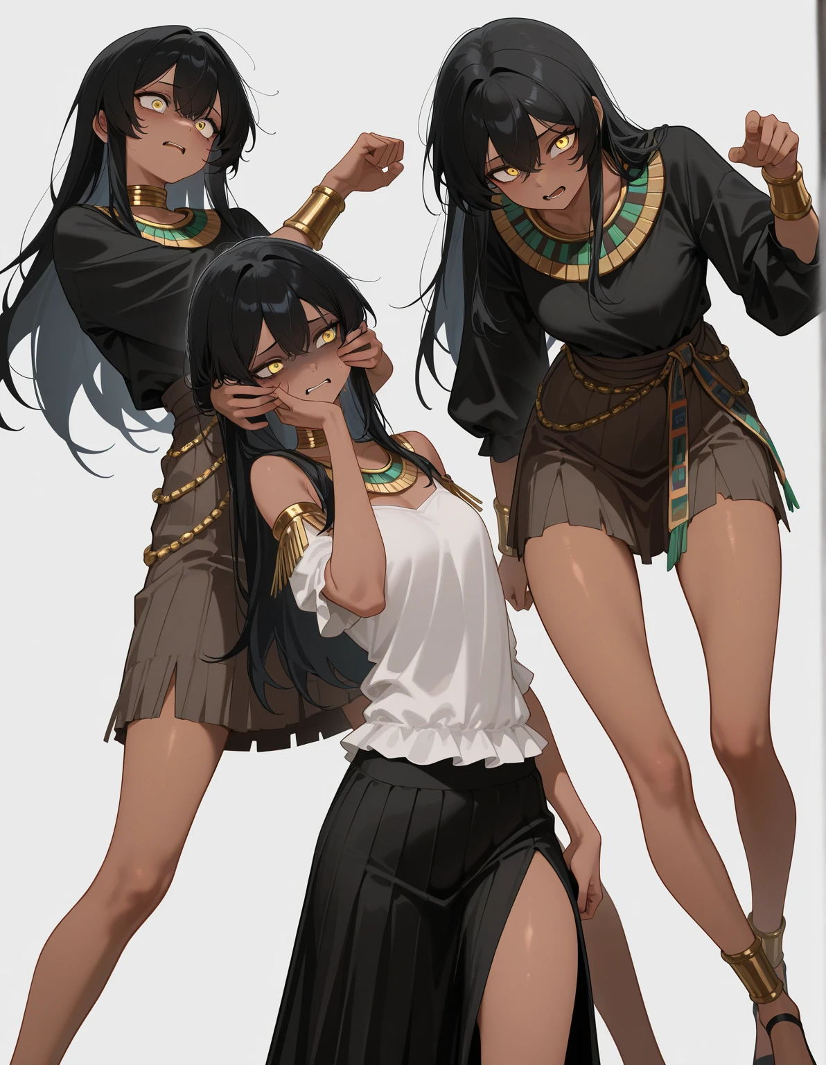 African brown female, brown long messy hair put into a pony tail, brown hunter eyes, black crop top, black shorts, black cloth wrapped around her legs and feet, toned muscular body, black cloth wrapped around her arms, tall, mature, full body design