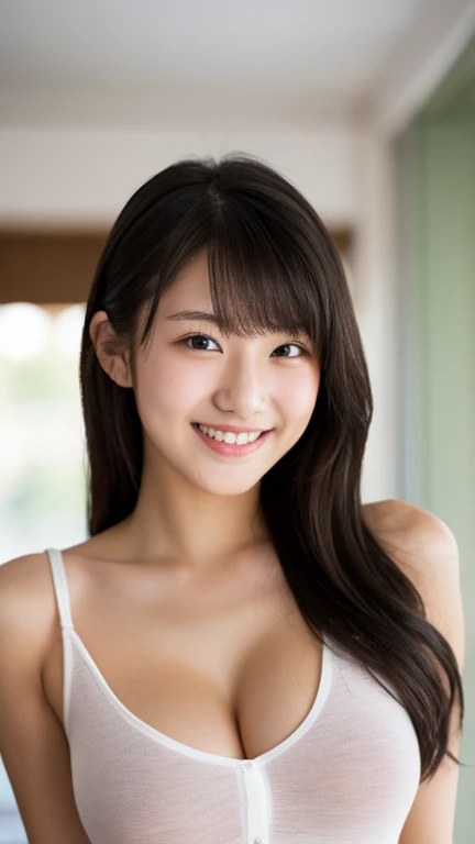 masterpiece,best quality,(Japanese ),((Beautiful girl)),cleavage,indoor,(perfect body beauty:1.2),(shy smile),beautiful teeth,