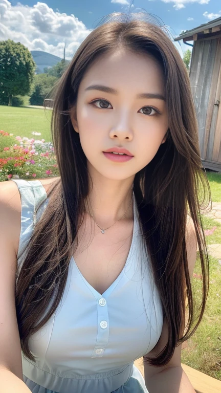 ((the best quality、8K、A masterpice:1.3))、Shot in the park、beauty legs、Whole human body、1girls、beautfull Japanease woman:1.3、(Long hairstyles、titty:1.2)、Blue Casual:1.2、Beautiful Woman with Perfect Style:1.4、Perfect eyes、Even-eyed、Perfect iris、Perfect lips、natural smile、flawless skin、No moles、Super Detail Face、Delicate eys、双眼皮、Soft breasts、smile on face、Exposed cleavage、