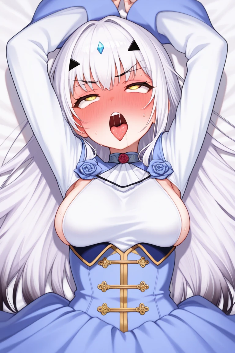 Looking forward, cleavage, priestess, happy, arms together, arms stretch forward, lean forward, bare skin, less clothing, arms straight, breast squish