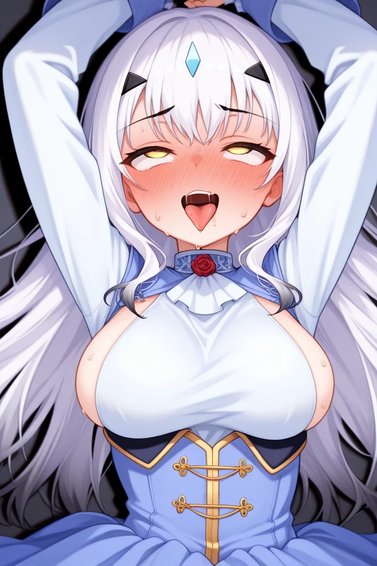 high body, high, Long legs, เป็นadult female, เป็นadult, adult, Of_Tensura_Frey, 1 girl, chest, alone, wing, yellow eyes, feathered wing, large chest, Monster Girl, bare shoulders, white wing, upper body, white hair, Harpie, anime coloring, rift, feather, necklace, gag, smooth, forehead gem, parted smooth, แขนมีwing, fur collar