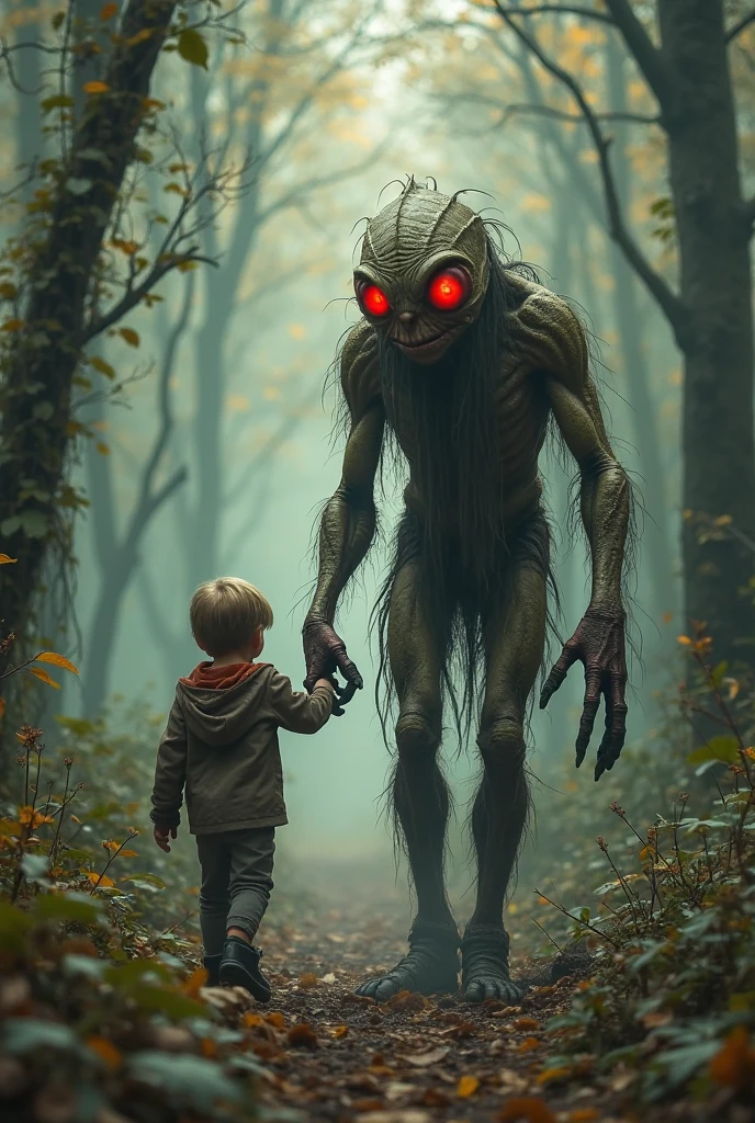 A boy falls into another world of lush nature. He stands in the middle of 7 very ugly people. No need to show faces.