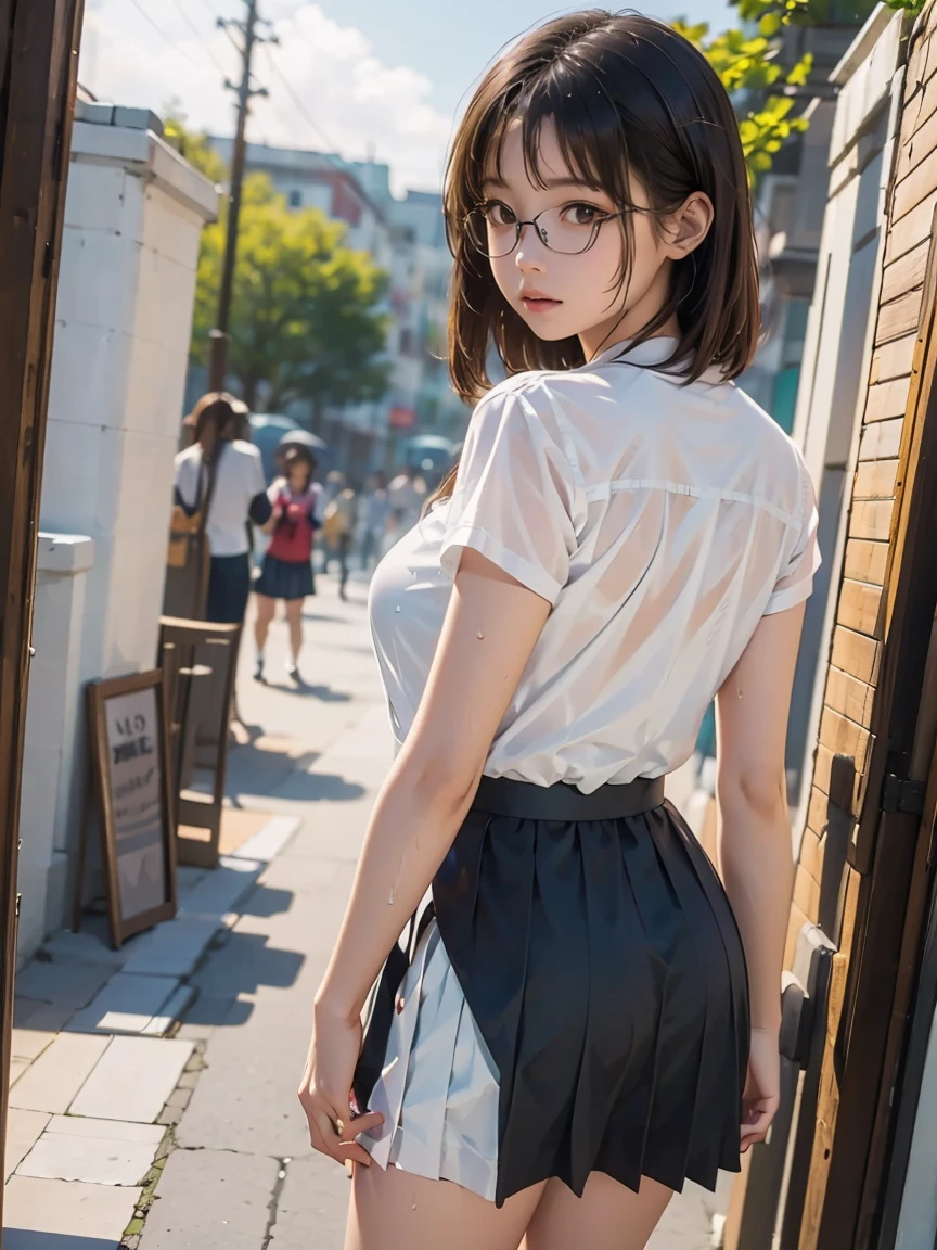 A woman is imprisoned and tied up、(((Hands are behind the back with wrists crossed)))、(My wrists are tied with a thin rope)、Beauty、Well-formed face、Shiny long black hair、Make your eyes even、Inside the mountain hut、Back view、White short sleeve shirt、Navy Semi-Long Skirt、Sit on the floor by the window、She is looking at the window、Age 25、Medium build、Small face、Like a real photo、Highest quality、