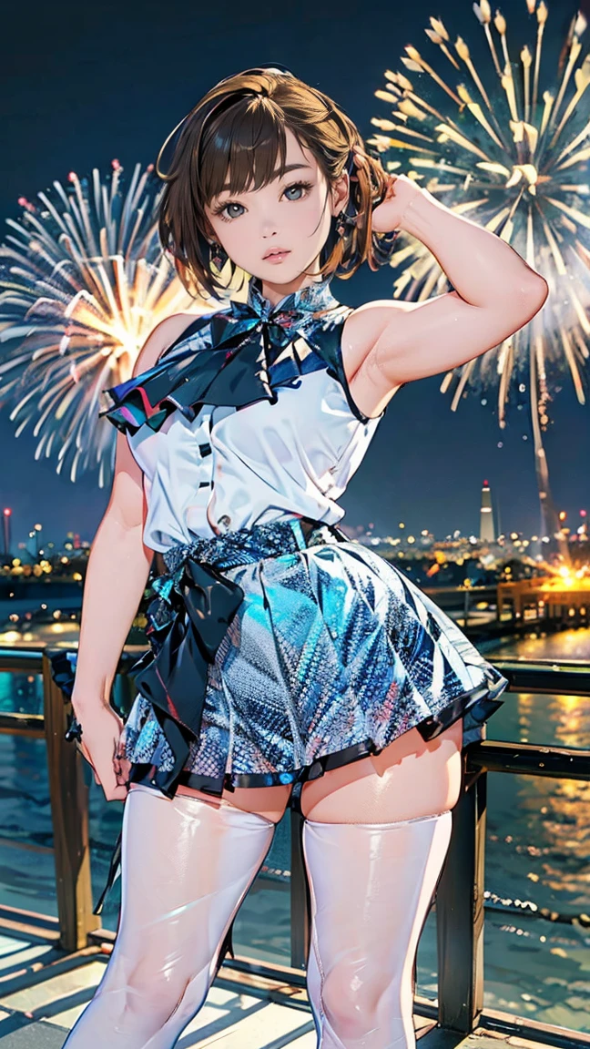 score_9,score_8_up,score_7_up,(pastel-color),(high brightness colors),Cute 20-year-old Japanese 1 girl,solo,(8k, masterpiece, ultra-detailed, best quality, ultra high res, newest, very aesthetic, absurdres, illustration, perfect composition),(hires),looking at viewer,black hair,shiny skin,fair skin,(upper body:1.5),toothless smilev,emphasizing her curvy body and large breasts,A woman in a vibrant blue yukata, wearing white stockings with panties slightly visible, standing on a bridge, background of fireworks lighting up the night sky