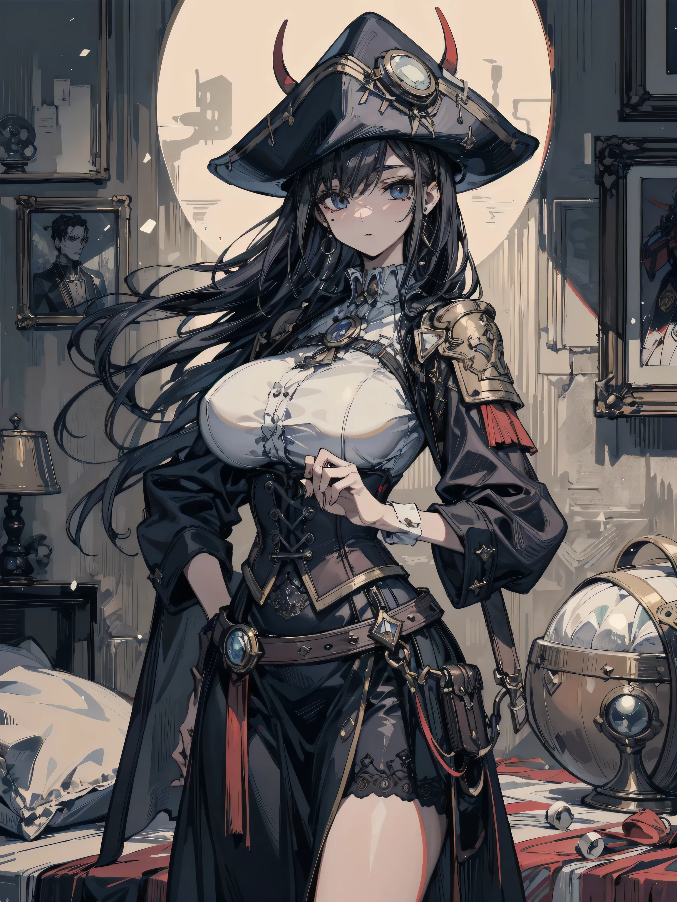 absurdres, RAW photo, extremely delicate and beautiful, masterpiece, Best Quality, ultra high resolution, 32k, hyperrealistic, ultra-detailed, delicate facial features, beautiful detailed woman, tearful mole, earring, medium breasts, full body shot, medium hair, black hair, pirate captain, intricate pirate clothing,