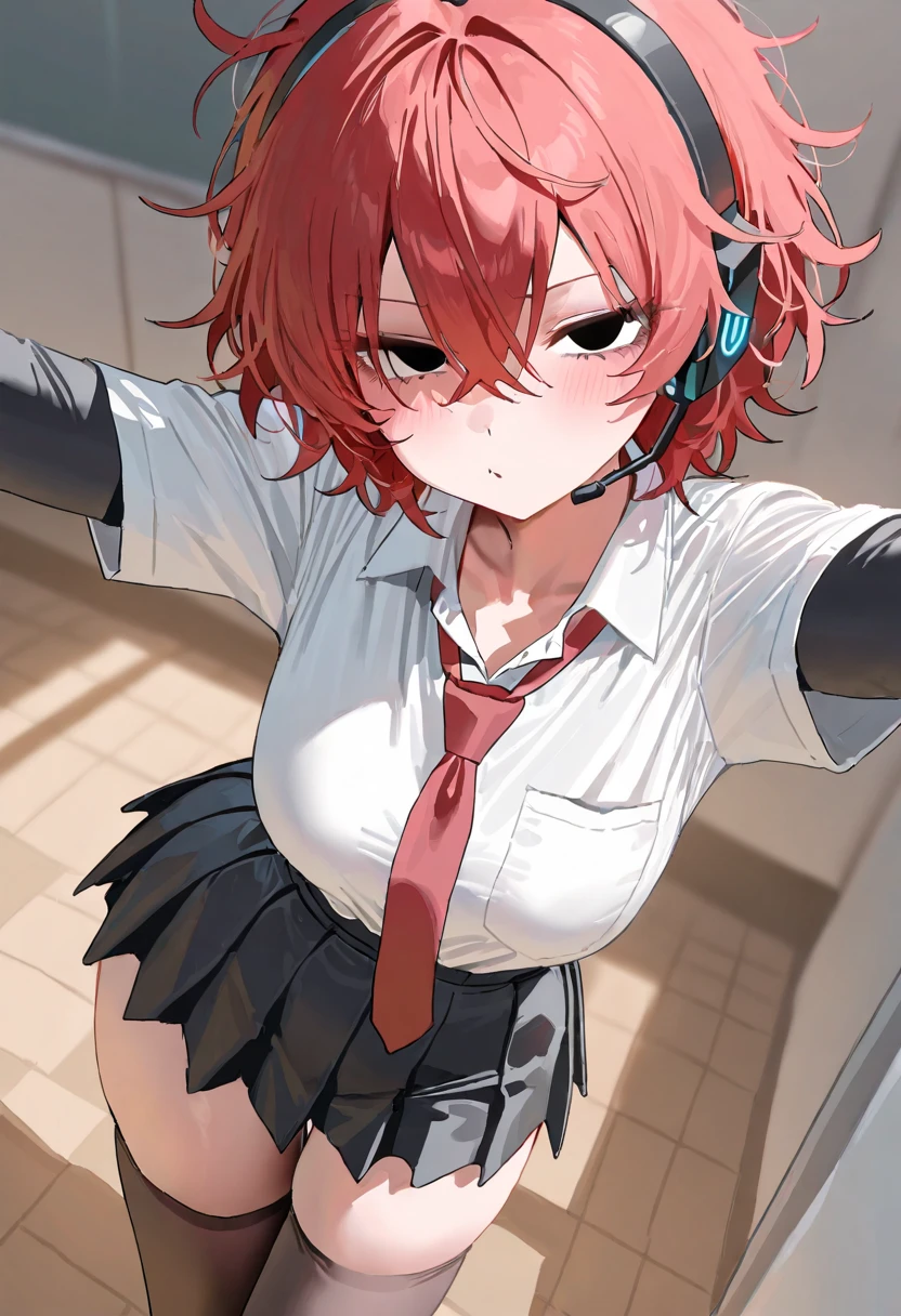 Masterpiece, Best Quality, Hi-Res, 1 Girl, Solo, Seele, Small, Short Hair, Bangs, blue Eyes, Hair Between Eyes, Long Sleeves, Tie, School Uniform, Mini Skirt, Juliet Sleeves, Thighs, White Shirt, Cowboy Shot, (Skirt Lift: 1.3), Indoors, Toilet, Urinal, Sweat, Wet, Look Viewer,Bright Red Panties, Blush