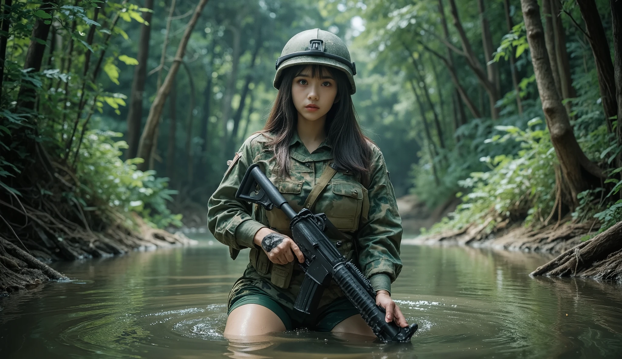 (Masterpiece:1.3), (8k, reality, RAW Image, best image quality: 1.4), Original photo, surreal photo, In this intense film scene, A long dark-haired girl with bangs, A female warrior whose right hand is robotic, stand on their knees in the blind forest water, her camouflage uniform blends seamlessly with her surroundings. her sharp gaze seems to penetrate the viewer as she holds her gun at the ready Beautiful Japanese and Korean hybrid. The lush green foliage and tangled vines create a sense of dread, emphasizes her weakness amid the treacherous terrain, phim, crack, Shorts , One girl, lonely, big boobs, big butt, by ram nắng female, (by ram nắng:1.4), Fully equipped for battle, ((wears a camouflage uniform of soldier with military helmet:1.4)), (at a battlefield base), big breast, (tactical vest, military strap :1.3), dynamic viewing angle, (slurry, costume damaged, Damaged body:1.4), combat gloves, Machine gun with strap,