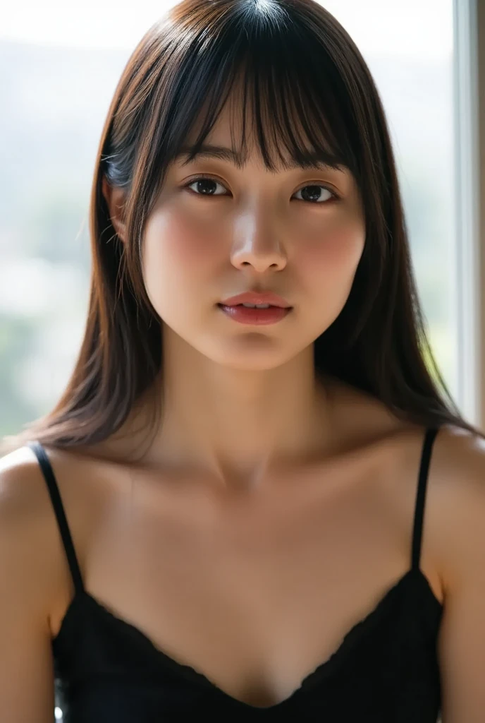 a girl from the Netherlands with long black hair and red eyes 