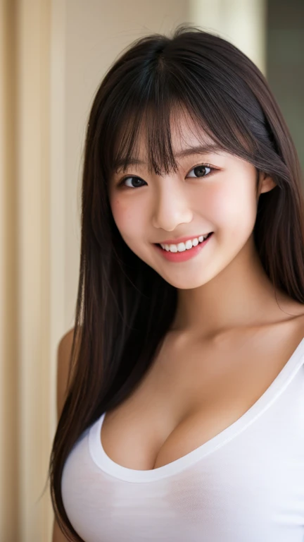 masterpiece,best quality,(Japanese ),((Beautiful girl)),cleavage,indoor,(perfect body beauty:1.2),(shy smile),beautiful teeth,
