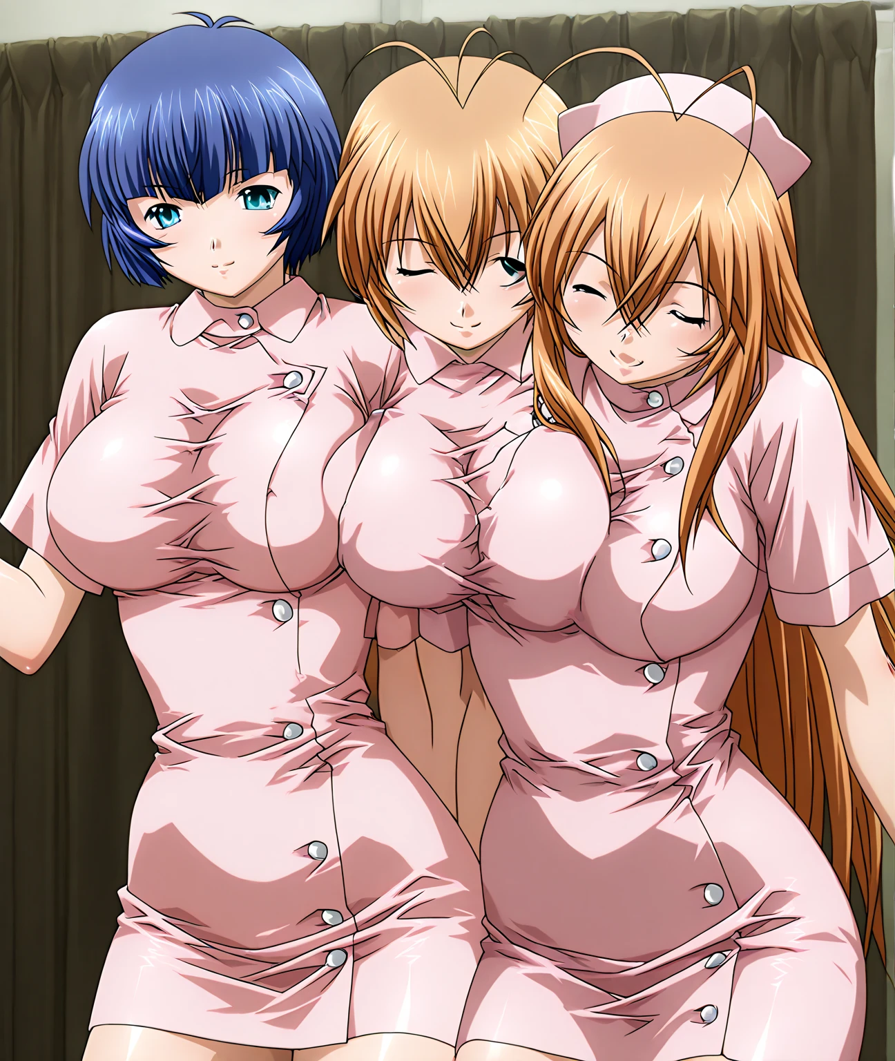 score_7_up, best quality, source_anime, anime screencap, ((1boy, 2girls)), femboy, big breasts, standing, bedroom, nude, nipples, blush, smile, pussy, big penis, testicle, looking at penis