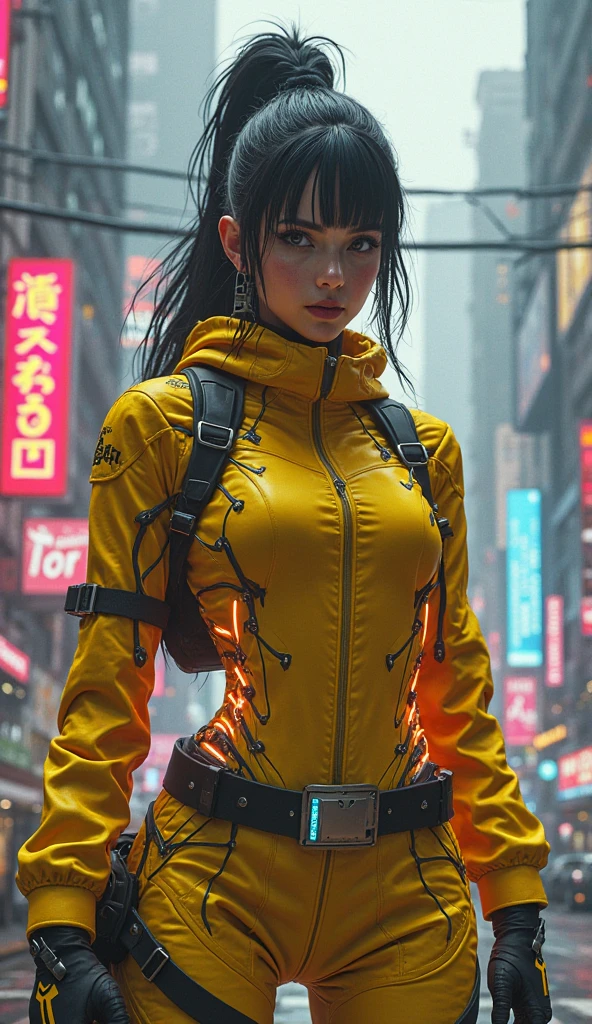 Year 2385 - A futuristic security guard woman in Neon Orange Military Bikini, patrols the streets of Futuristic City New New York, Style Neon Punk