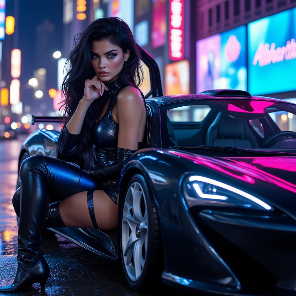 Beautiful biracial woman, long wavy blue hair , blue eyes, large breast, sit on the Hood of a black supercar, Headlights on, at night on a road, with full moon behind, in the forest, In black latex driving suit