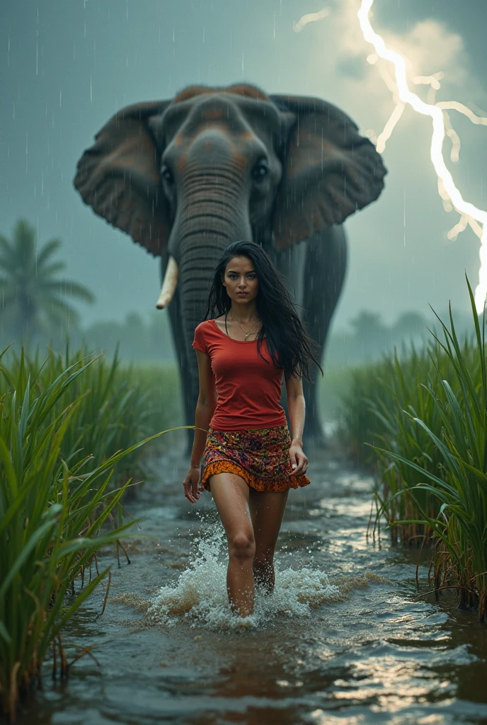 best quality, Masterpiece, Ultra high resolution, (realistic:1.2), 1 girl, (detailed face:1.2), (Detailed eyes:1.2), (fine hair:1.2), (detailed clothing:1.2), 4K, ,In the dense forest, a beautiful white-skinned Thai woman, her body naked, showing her pubic hair, a clear slit around her, and large breasts, is running away from an elephant that is running towards her at the edge of a pond in the deserted forest. The atmosphere of the forest is clear in the morning, sunlight shines through the large trees and falls on her body just right. She turns to run towards the camera, seeing her pubic hair, seeing her breasts.