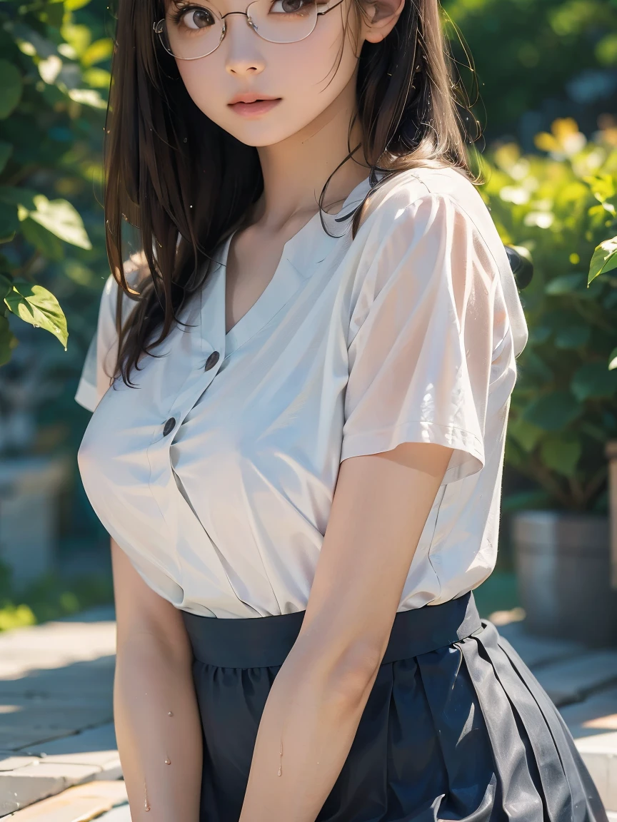 ((Top quality, 8K, tmasterpiece:1.3)), Natasha, focus, high quality, high resolution, portrait, solo, beauty, eye wrinkles, charm, garden, play, necklace, wearing skirt