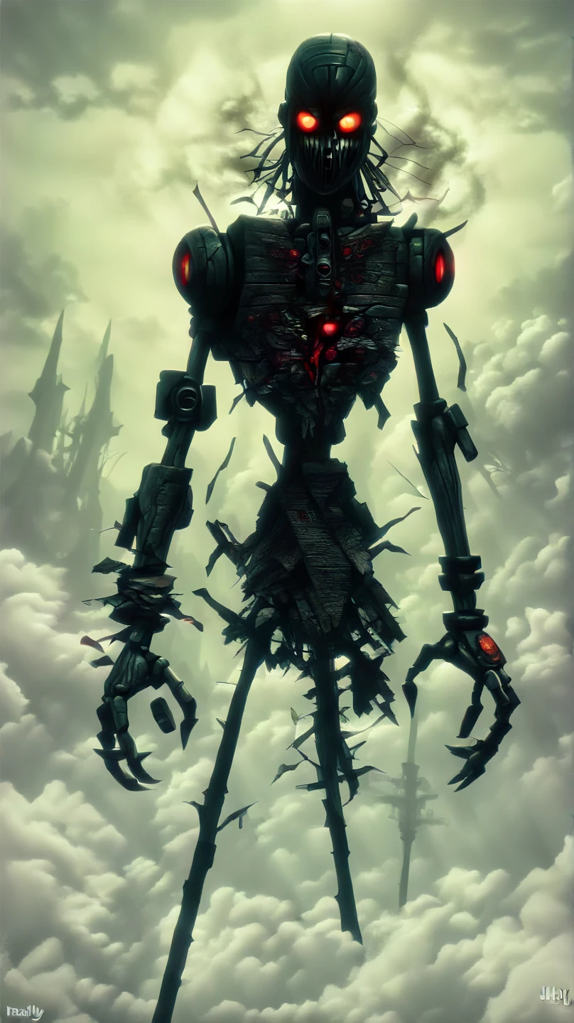 (((Highest quality)))(((Best Image)))外見は黒いfog,Put on your armor,Modern Battle Suit(((Appearance)))The shape is humanoid,Modern weapons(((Features)))Eyes glowing red,The shape is made of purple glowing matter..(((male)))The skeleton is human-like、Muscle fibers are visible.,fogのようなもので獲物を探す(((background)))Barren Land,dead tree,fog,Chaotic world(((Standing posture)))Battle Scenes,overwhelmingly strong,Highest quality。