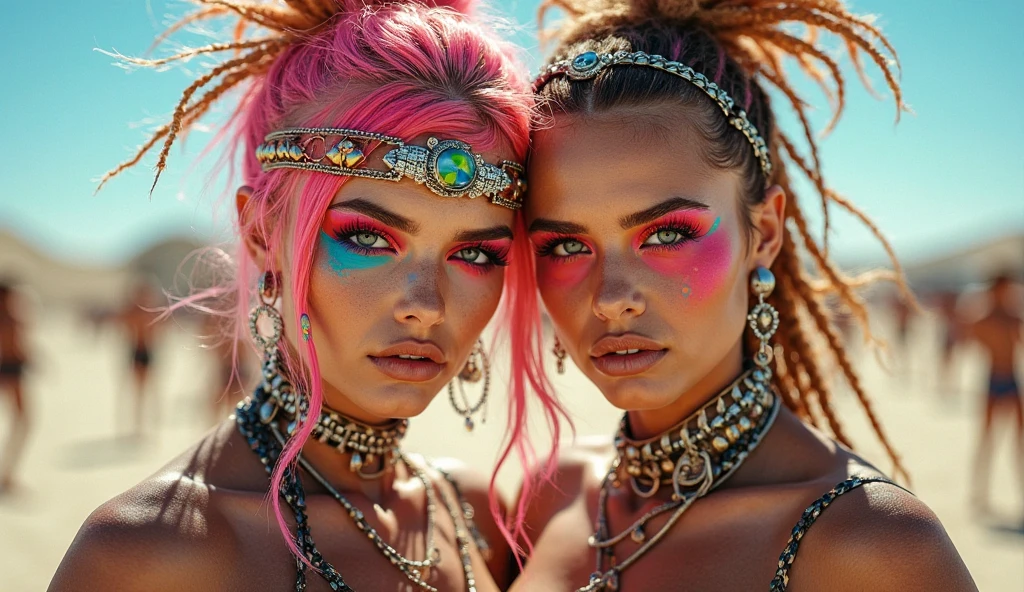 Punk-rococo-tattoo-ukiyo-e style. A selfie of some very pretty young Nordic-looking women. They are wearing an urban style, with necklaces, chains, thick rings, colorful hairstyles and modified military clothing with colorful patches. They are in a park right next to a paved area. Extreme realism, insane detail, intricate composition, cinematic quality, perfect photography, sublime colors.