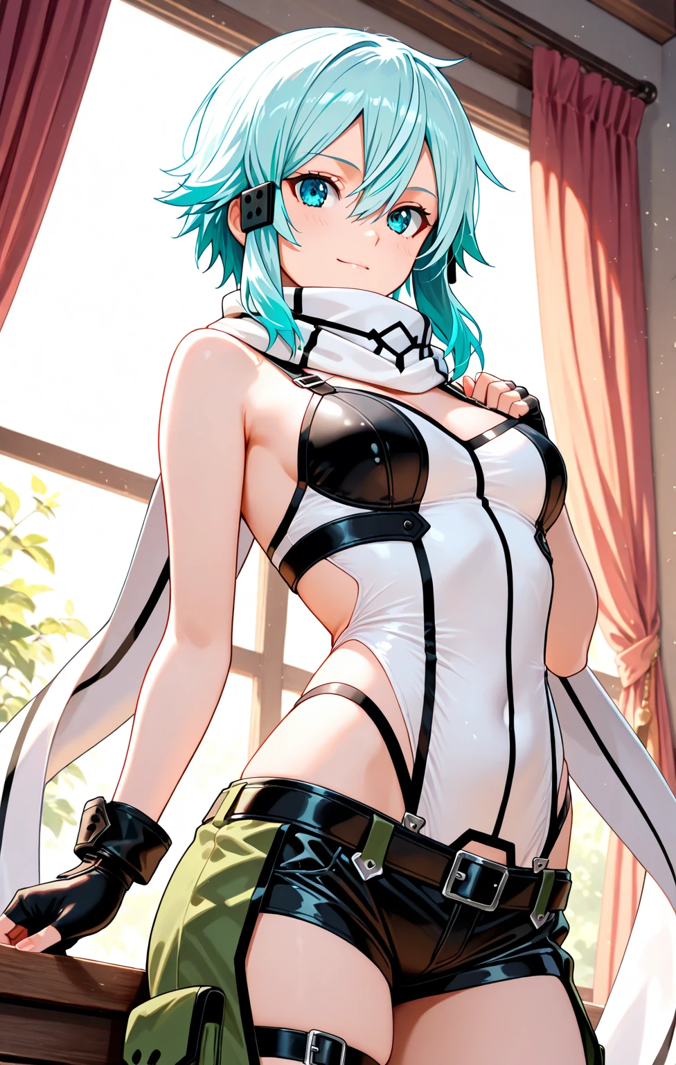 masterpiece, best quality, highres, lu1, cyborg, multicolored hair, makeup, bare shoulders, black leotard, highleg leotard, (thong:1.1), white jacket, open jacket, belt, shorts, cowboy shot, planet, moon, earth (planet)